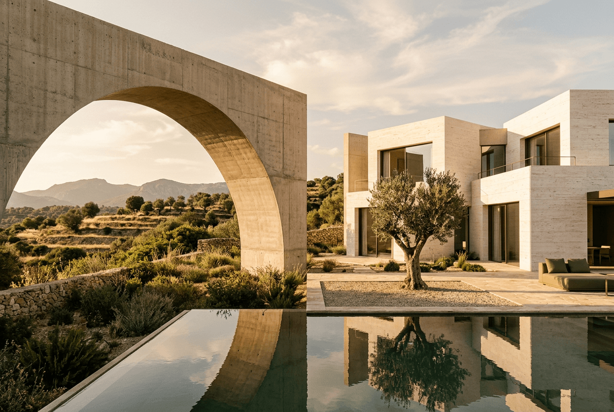 Arquitectura contemporánea con arcos y piscina